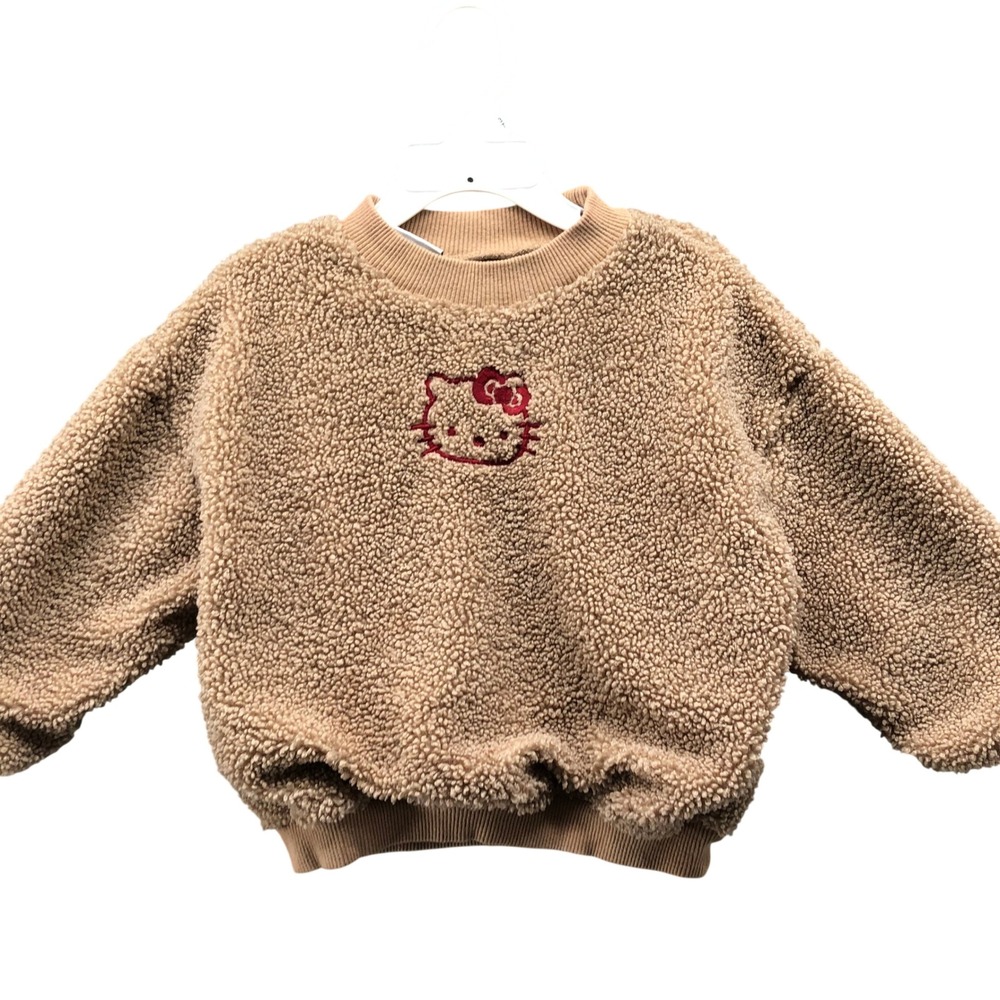 Zara Girls 4T Hello Kitty Sherpa Fleece Sweatshirt Tan Fuzzy Embroidered